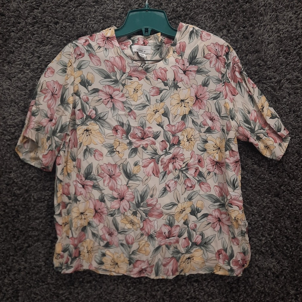 Vintage Lise J Shirt Women Small Pink Flower Print Rayon Boho Cottage‎ Core Cute